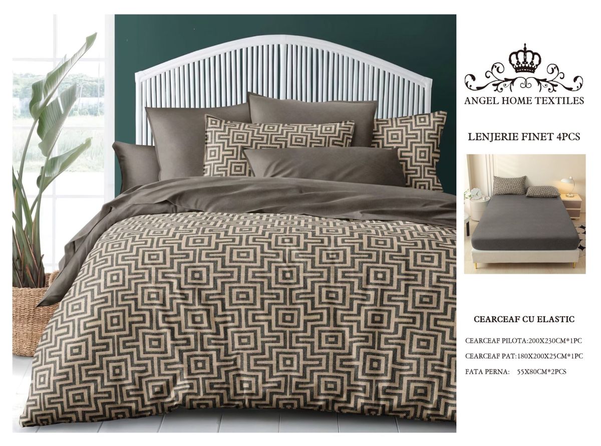 Lenjerie cu Elastic din Bumbac tip Finet pentru Pat Dublu, 4 Piese, cu 2 Fete de Perna