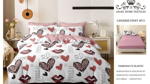 Lenjerie cu Elastic din Bumbac tip Finet pentru Pat Dublu, 4 Piese, cu 2 Fete de Perna