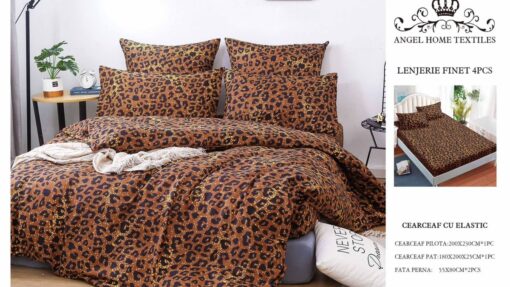 Lenjerie cu Elastic din Bumbac tip Finet pentru Pat Dublu, 4 Piese, cu 2 Fete de Perna