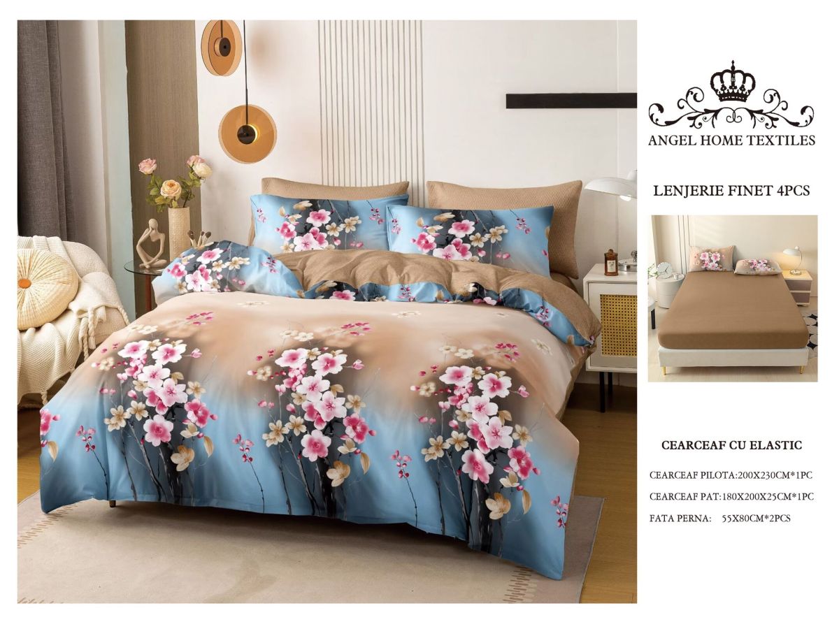 Lenjerie cu Elastic din Bumbac tip Finet pentru Pat Dublu, 4 Piese, cu 2 Fete de Perna