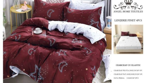 Lenjerie cu Elastic din Bumbac tip Finet pentru Pat Dublu, 4 Piese, cu 2 Fete de Perna