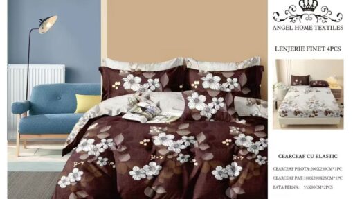 Lenjerie cu Elastic din Bumbac tip Finet pentru Pat Dublu, 4 Piese, cu 2 Fete de Perna