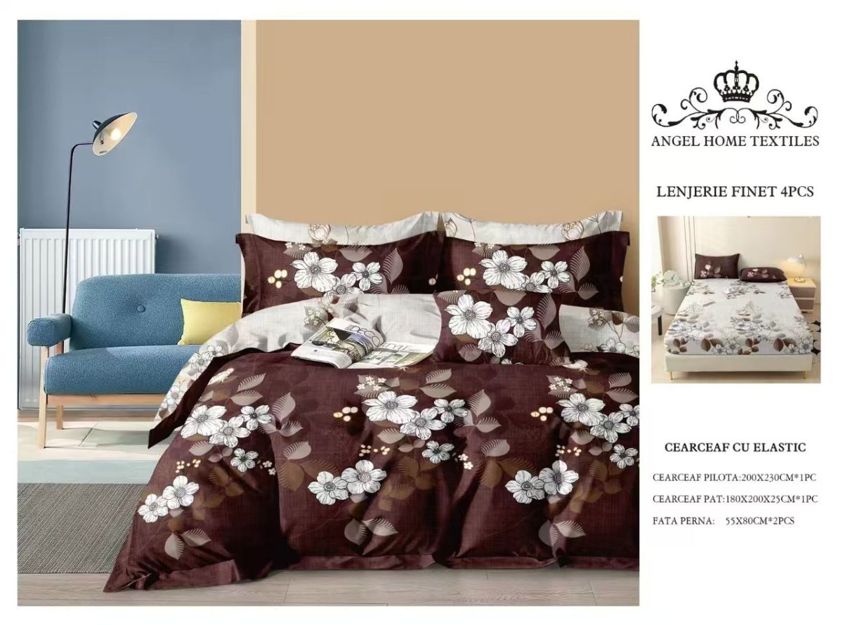 Lenjerie cu Elastic din Bumbac tip Finet pentru Pat Dublu, 4 Piese, cu 2 Fete de Perna