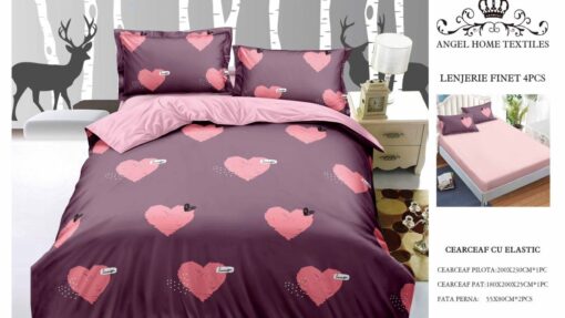 Lenjerie cu Elastic din Bumbac tip Finet pentru Pat Dublu, 4 Piese, cu 2 Fete de Perna