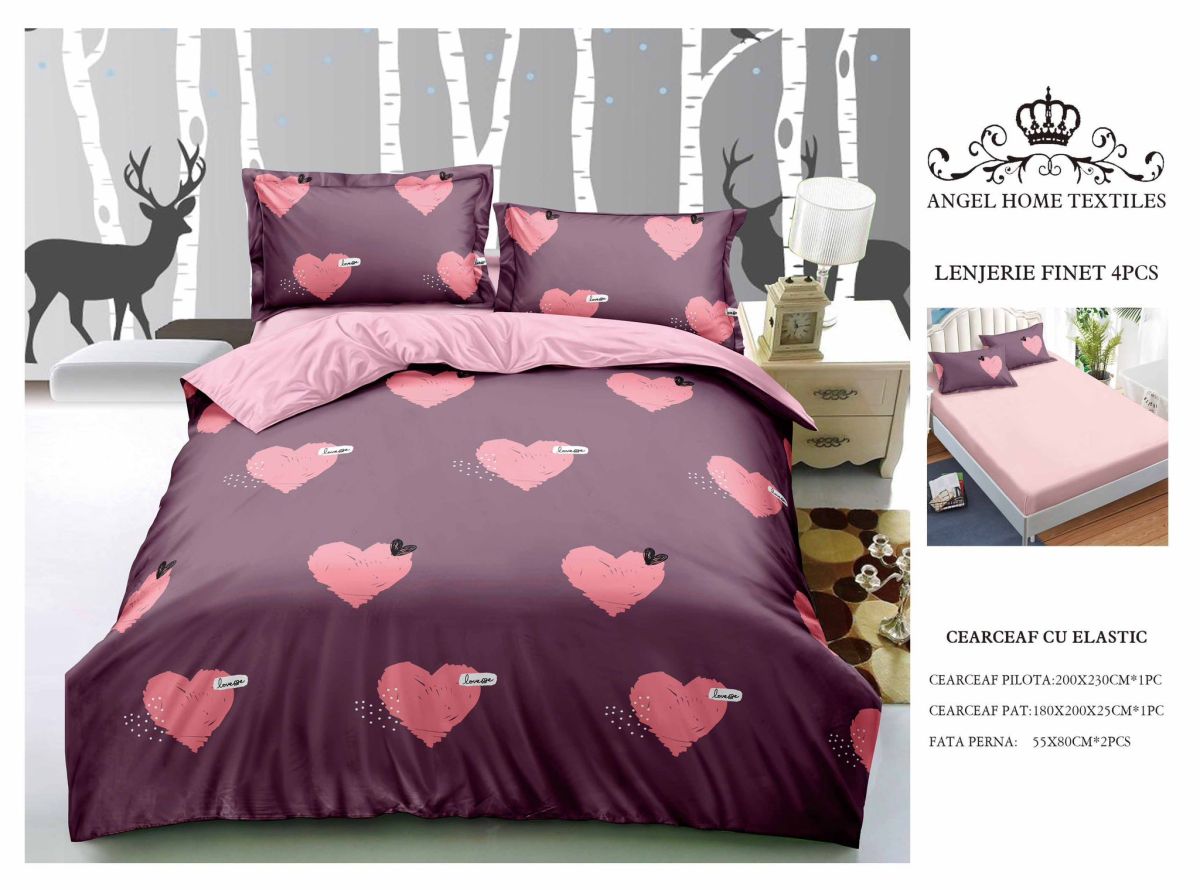 Lenjerie cu Elastic din Bumbac tip Finet pentru Pat Dublu, 4 Piese, cu 2 Fete de Perna