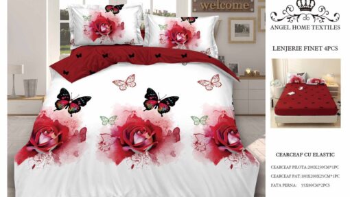 Lenjerie cu Elastic din Bumbac tip Finet pentru Pat Dublu, 4 Piese, cu 2 Fete de Perna