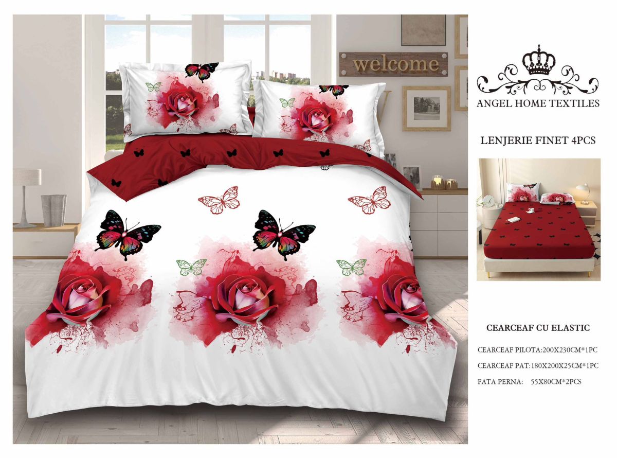 Lenjerie cu Elastic din Bumbac tip Finet pentru Pat Dublu, 4 Piese, cu 2 Fete de Perna