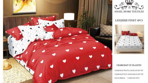 Lenjerie cu Elastic din Bumbac tip Finet pentru Pat Dublu, 4 Piese, cu 2 Fete de Perna