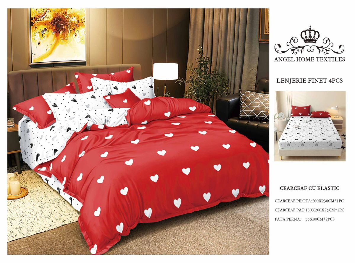 Lenjerie cu Elastic din Bumbac tip Finet pentru Pat Dublu, 4 Piese, cu 2 Fete de Perna