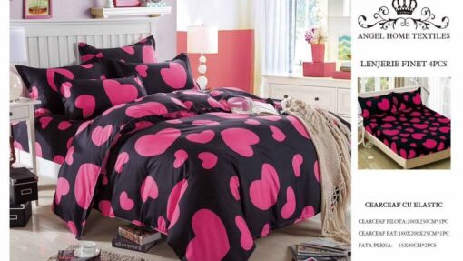 Lenjerie cu Elastic din Bumbac tip Finet pentru Pat Dublu, 4 Piese, cu 2 Fete de Perna