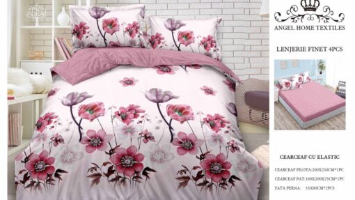 Lenjerie cu Elastic din Bumbac tip Finet pentru Pat Dublu, 4 Piese, cu 2 Fete de Perna