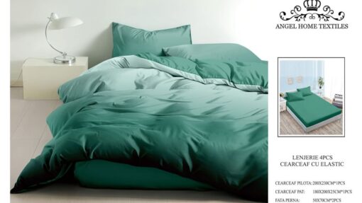 Lenjerie cu Elastic din Bumbac tip Finet pentru Pat Dublu, 4 Piese, cu 2 Fete de Perna