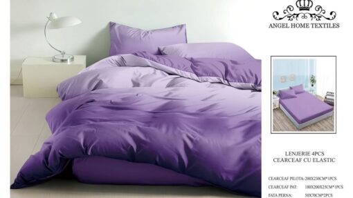 Lenjerie cu Elastic din Bumbac tip Finet pentru Pat Dublu, 4 Piese, cu 2 Fete de Perna