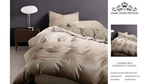 Lenjerie cu Elastic din Bumbac tip Finet pentru Pat Dublu, 4 Piese, cu 2 Fete de Perna