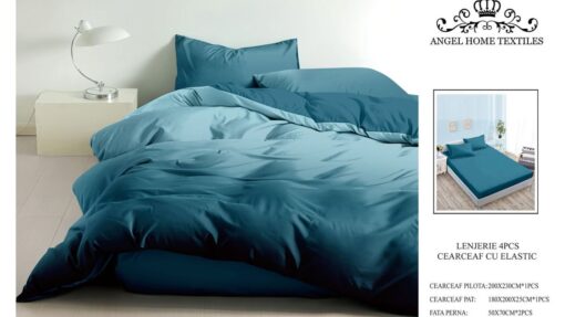 Lenjerie cu Elastic din Bumbac tip Finet pentru Pat Dublu, 4 Piese, cu 2 Fete de Perna