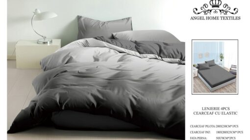 Lenjerie cu Elastic din Bumbac tip Finet pentru Pat Dublu, 4 Piese, cu 2 Fete de Perna