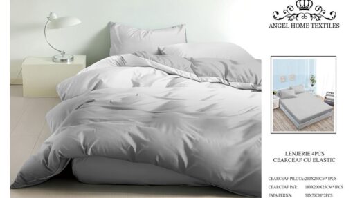 Lenjerie cu Elastic din Bumbac tip Finet pentru Pat Dublu, 4 Piese, cu 2 Fete de Perna