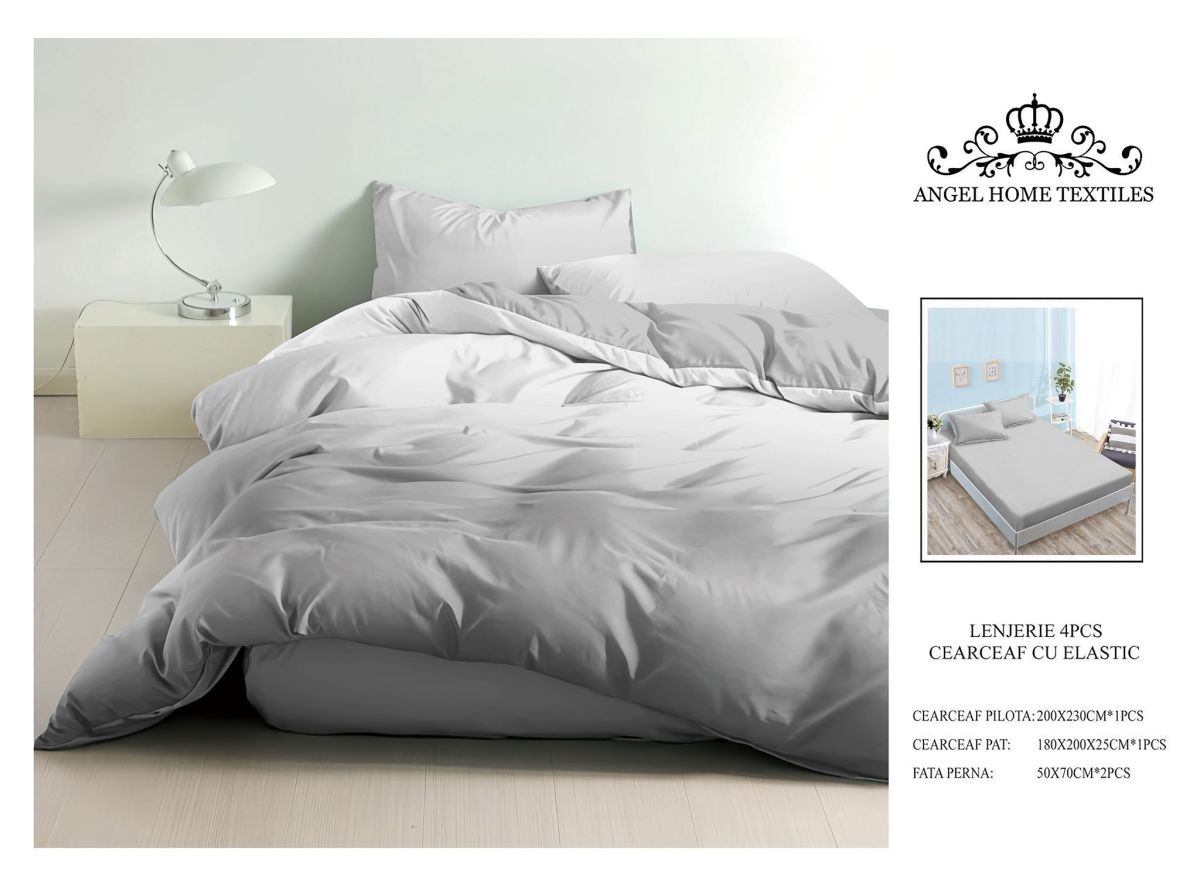 Lenjerie cu Elastic din Bumbac tip Finet pentru Pat Dublu, 4 Piese, cu 2 Fete de Perna