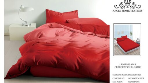 Lenjerie cu Elastic din Bumbac tip Finet pentru Pat Dublu, 4 Piese, cu 2 Fete de Perna