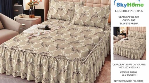 Lenjerii cu Volanase din Bumbac tip Finet, pentru Pat Dublu cu 2 Fete de Perna