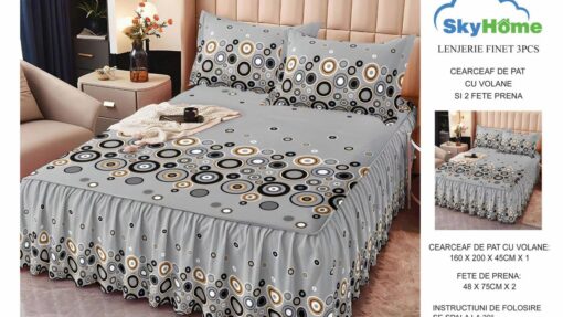 Lenjerii cu Volanase din Bumbac tip Finet, pentru Pat Dublu cu 2 Fete de Perna