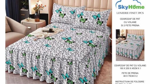 Lenjerii cu Volanase din Bumbac tip Finet, pentru Pat Dublu cu 2 Fete de Perna