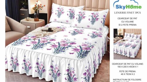 Lenjerii cu Volanase din Bumbac tip Finet, pentru Pat Dublu cu 2 Fete de Perna