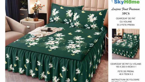 Lenjerii cu Volanase din Bumbac tip Finet, pentru Pat Dublu cu 2 Fete de Perna