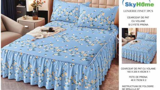 Lenjerii cu Volanase din Bumbac tip Finet, pentru Pat Dublu cu 2 Fete de Perna