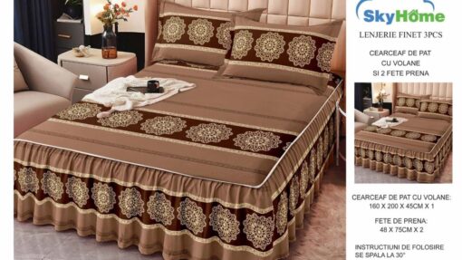 Lenjerii cu Volanase din Bumbac tip Finet, pentru Pat Dublu cu 2 Fete de Perna