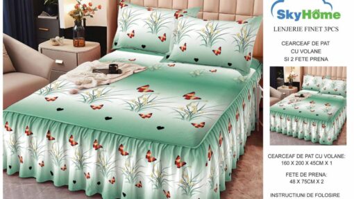 Lenjerii cu Volanase din Bumbac tip Finet, pentru Pat Dublu cu 2 Fete de Perna