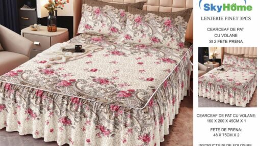 Lenjerii cu Volanase din Bumbac tip Finet, pentru Pat Dublu cu 2 Fete de Perna