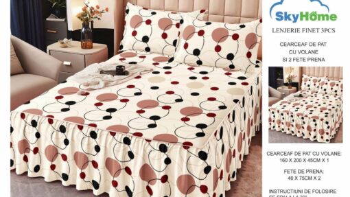 Lenjerii cu Volanase din Bumbac tip Finet, pentru Pat Dublu cu 2 Fete de Perna