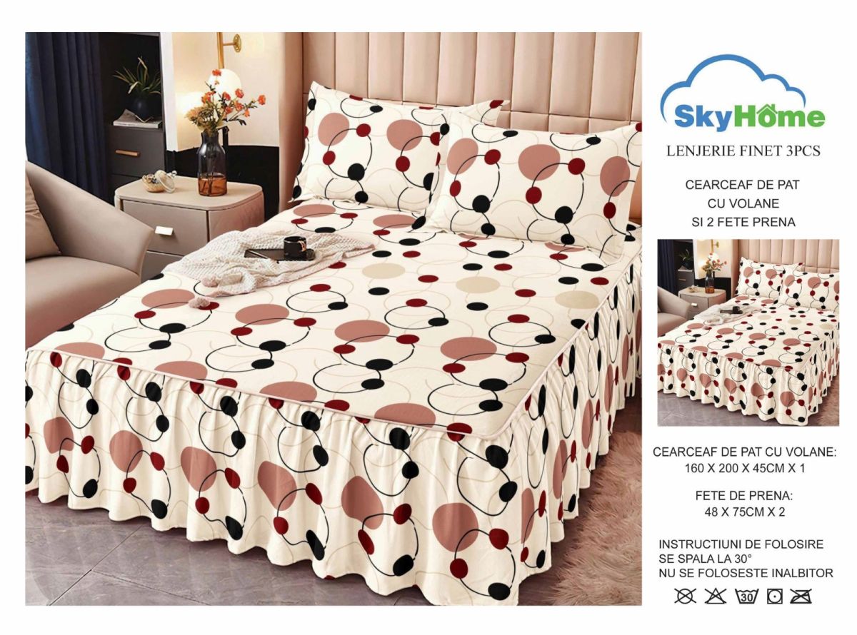 Lenjerii cu Volanase din Bumbac tip Finet, pentru Pat Dublu cu 2 Fete de Perna