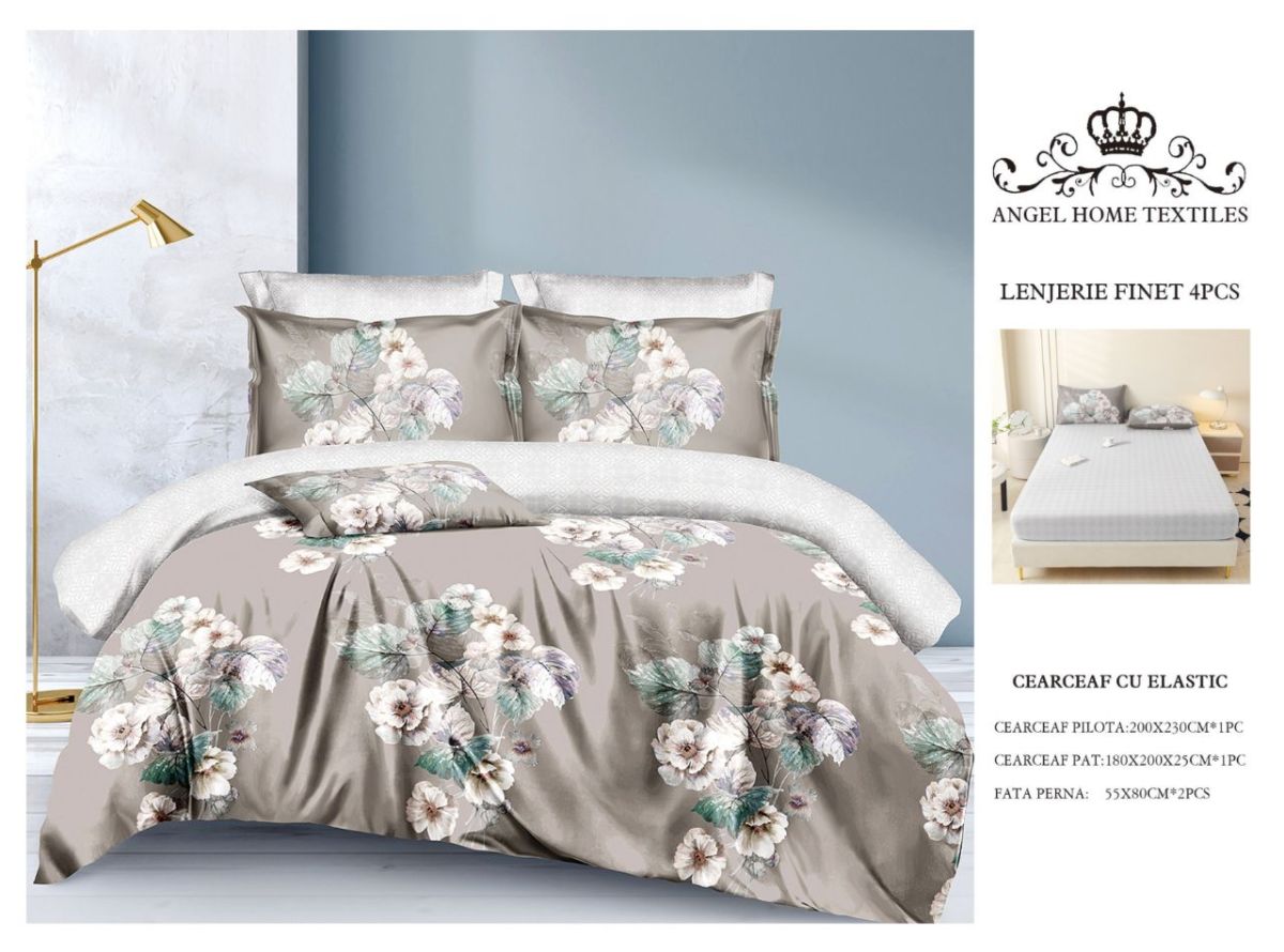 Lenjerie cu Elastic din Bumbac tip Finet pentru Pat Dublu, 4 Piese, cu 2 Fete de Perna