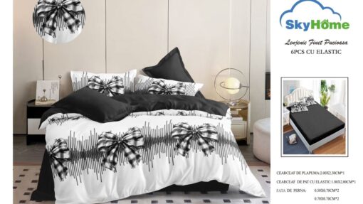 Set Lenjerie  6 Piese cu Elastic din Bumbac tip Finet cu 4 Fete de Perna
