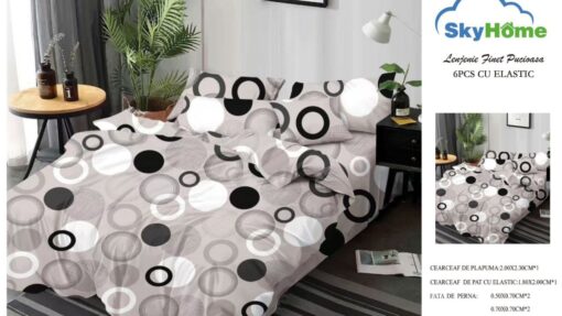Set Lenjerie  6 Piese cu Elastic din Bumbac tip Finet cu 4 Fete de Perna