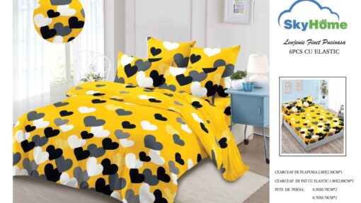 Lenjerie cu Elastic din Bumbac tip Finet pentru Pat Dublu, 4 Piese, cu 2 Fete de Perna