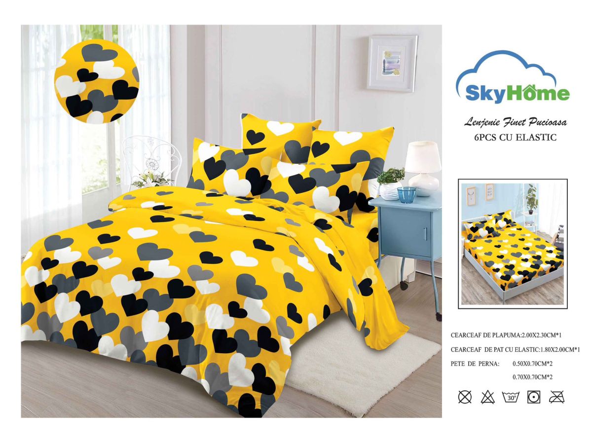 Lenjerie cu Elastic din Bumbac tip Finet pentru Pat Dublu, 4 Piese, cu 2 Fete de Perna