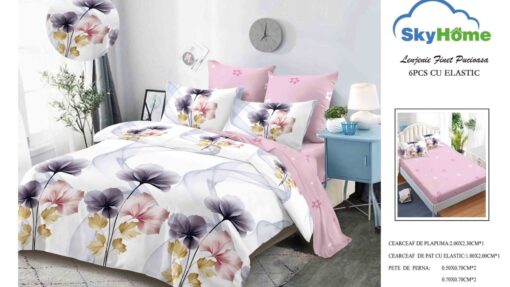 Lenjerie cu Elastic din Bumbac tip Finet pentru Pat Dublu, 4 Piese, cu 2 Fete de Perna