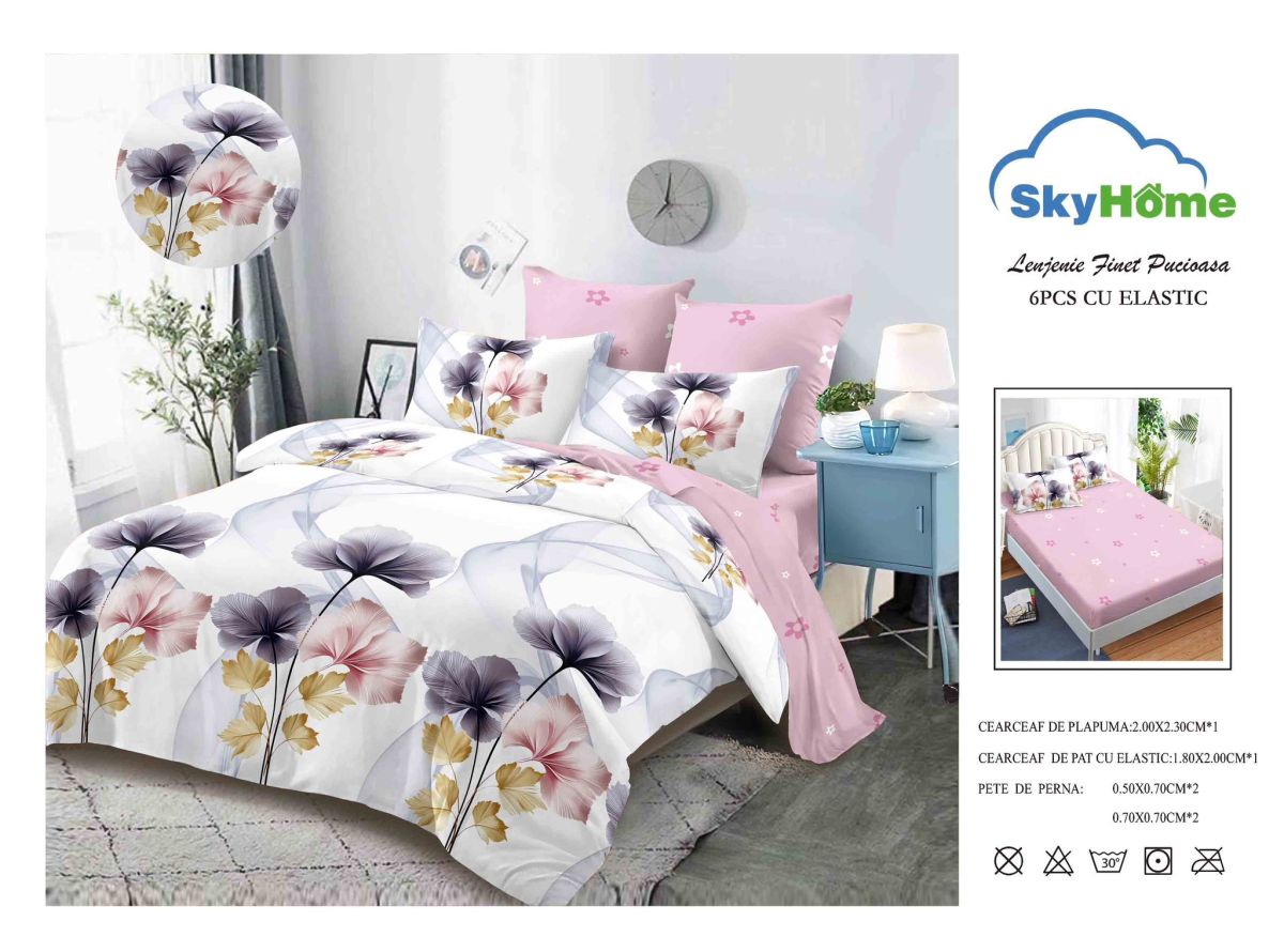 Lenjerie cu Elastic din Bumbac tip Finet pentru Pat Dublu, 4 Piese, cu 2 Fete de Perna