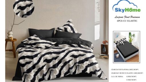 Lenjerie cu Elastic din Bumbac tip Finet pentru Pat Dublu, 4 Piese, cu 2 Fete de Perna