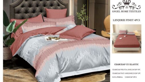 Lenjerie cu Elastic din Bumbac tip Finet pentru Pat Dublu, 4 Piese, cu 2 Fete de Perna