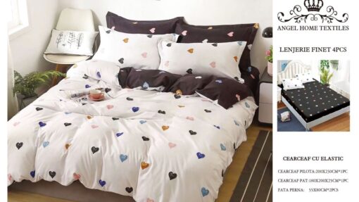 Lenjerie cu Elastic din Bumbac tip Finet pentru Pat Dublu, 4 Piese, cu 2 Fete de Perna